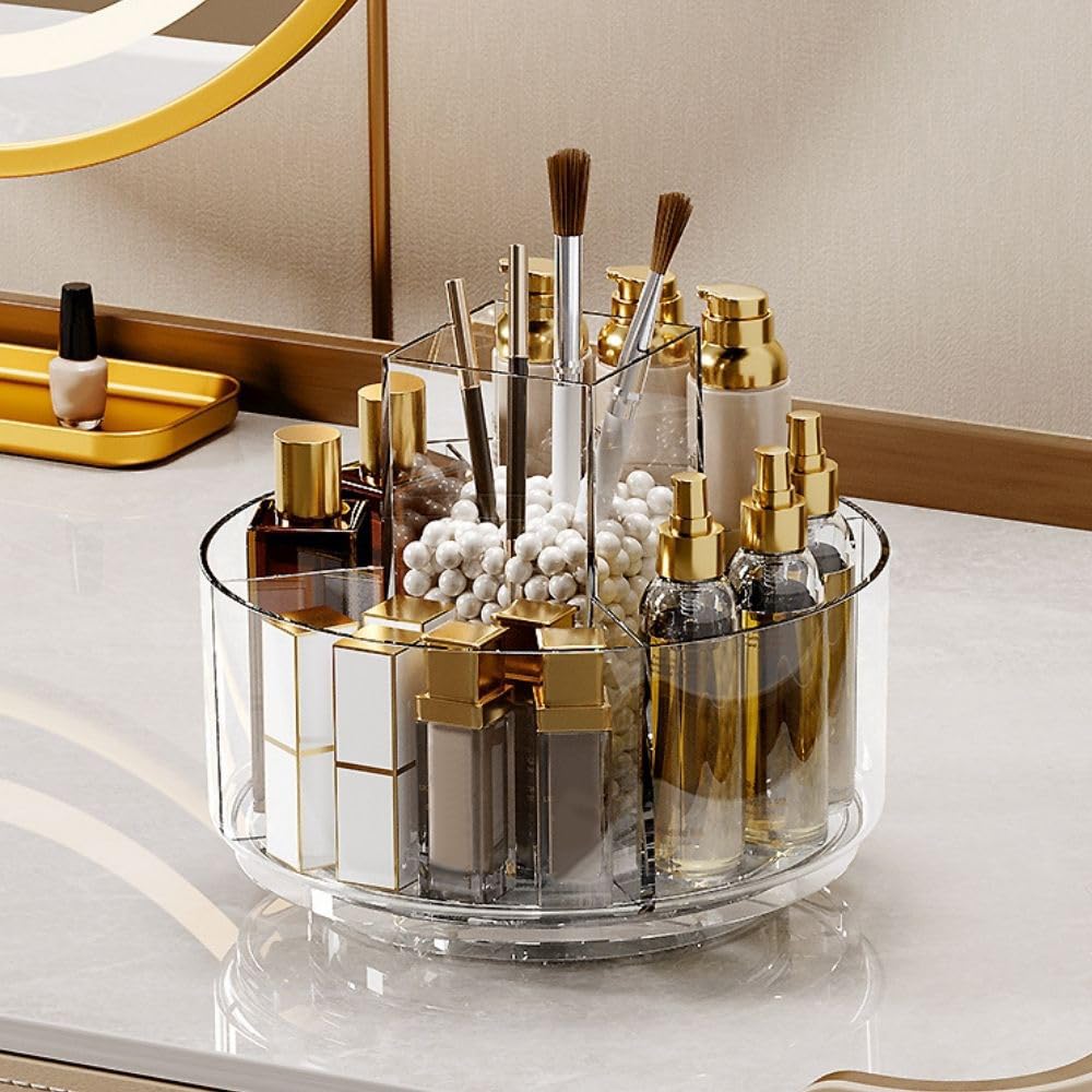 Linfidite 360 Rotating Makeup Organizer Clear Cosmetic Storage Holder Tray With 6 Compartment Makeup Brush Lip Gloss Organizer C