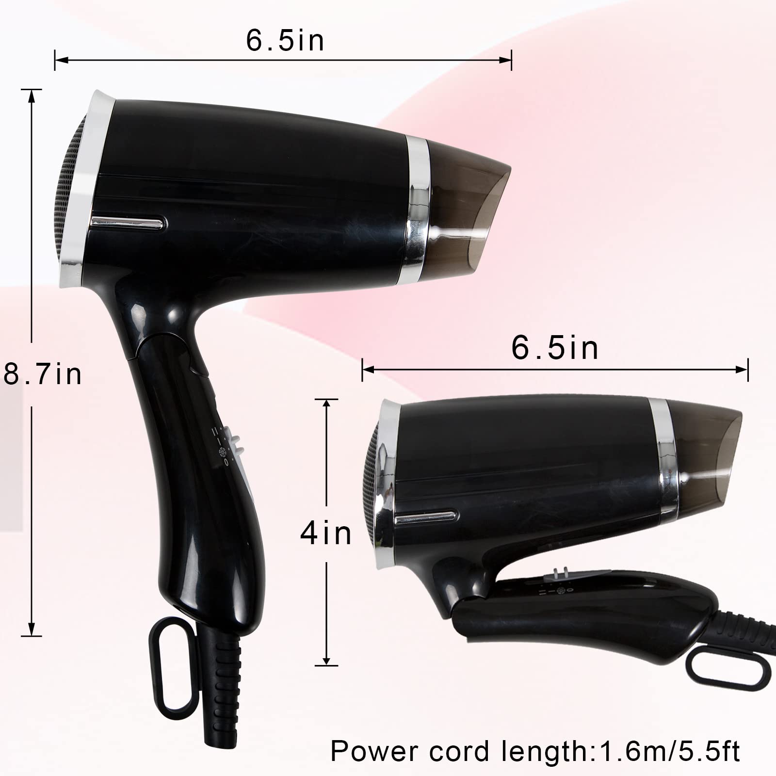 Juisee Folding Hair Dryer, Compact Blow Dryer - Portable Professional Hair Dryer With 3 Heat Settings, Low Noise, Tourmaline Cer