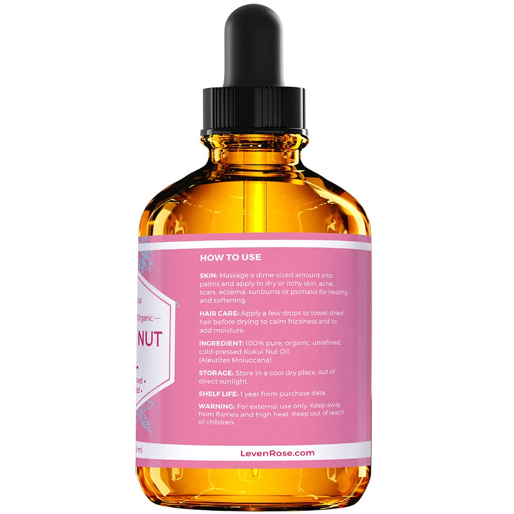 Leven Rose Kukui Nut Oil 4 oz - Cold-Pressed and Unrefined Hair & Face Moisturizer with Dropper - Unscented Pure Face Oil for Wo
