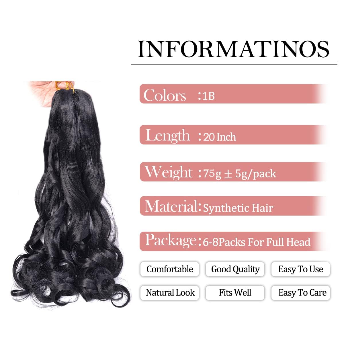 French Curly Braiding Hair,#1B 20Inch Black Loose Wavy 5Packs Black Bouncy Hair Extensions 75G/Pack French Curl Braiding Hair Sy