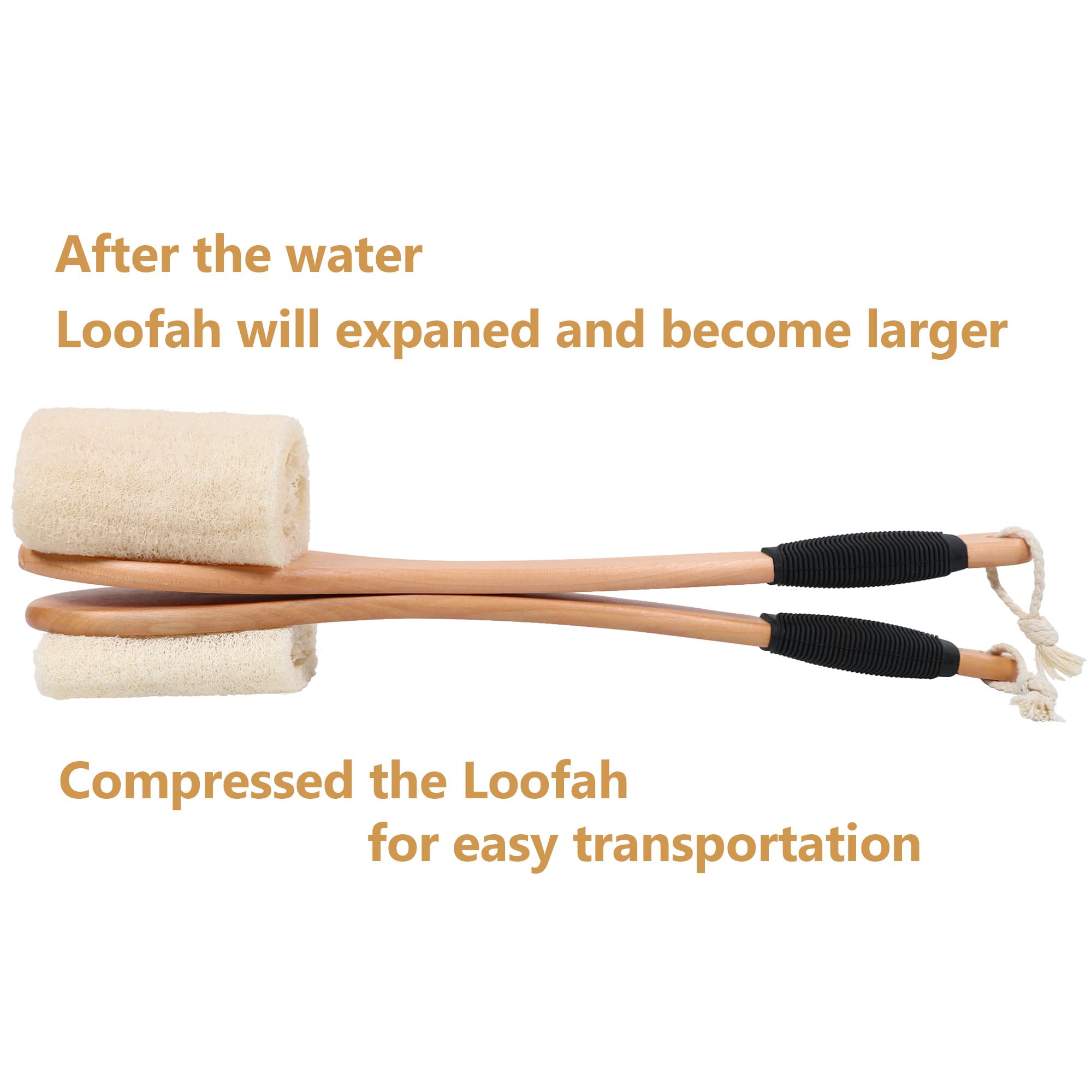 OWIIZI Back Loofah Scrubber Brush, Long Handle, Hard Luffa Exfoliating Sponge, Wooden Handle with Non-slip Grip for Men & Women