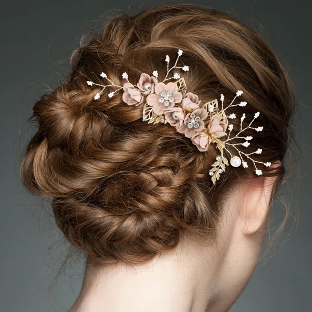 Insowni 20 Pack White Dusty Pink Blue Flower Bridal Wedding Hair Side Combs+Flower Hair Pins+Twist Spiral Pearl Hair Pins Floral