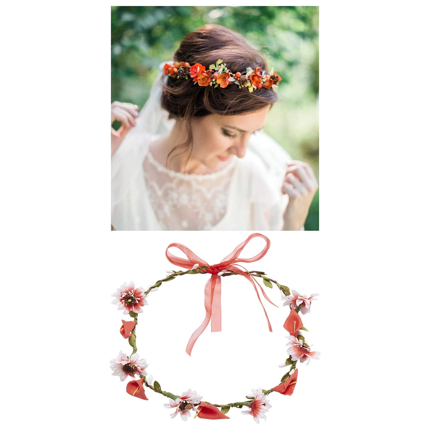 Lawie 8 Pack Boho Flower Crowns Floral Wreath With Ribbon Halo Headbands Garland Wedding Bridal Bridesmaid Headpiece Tiara Sunfl
