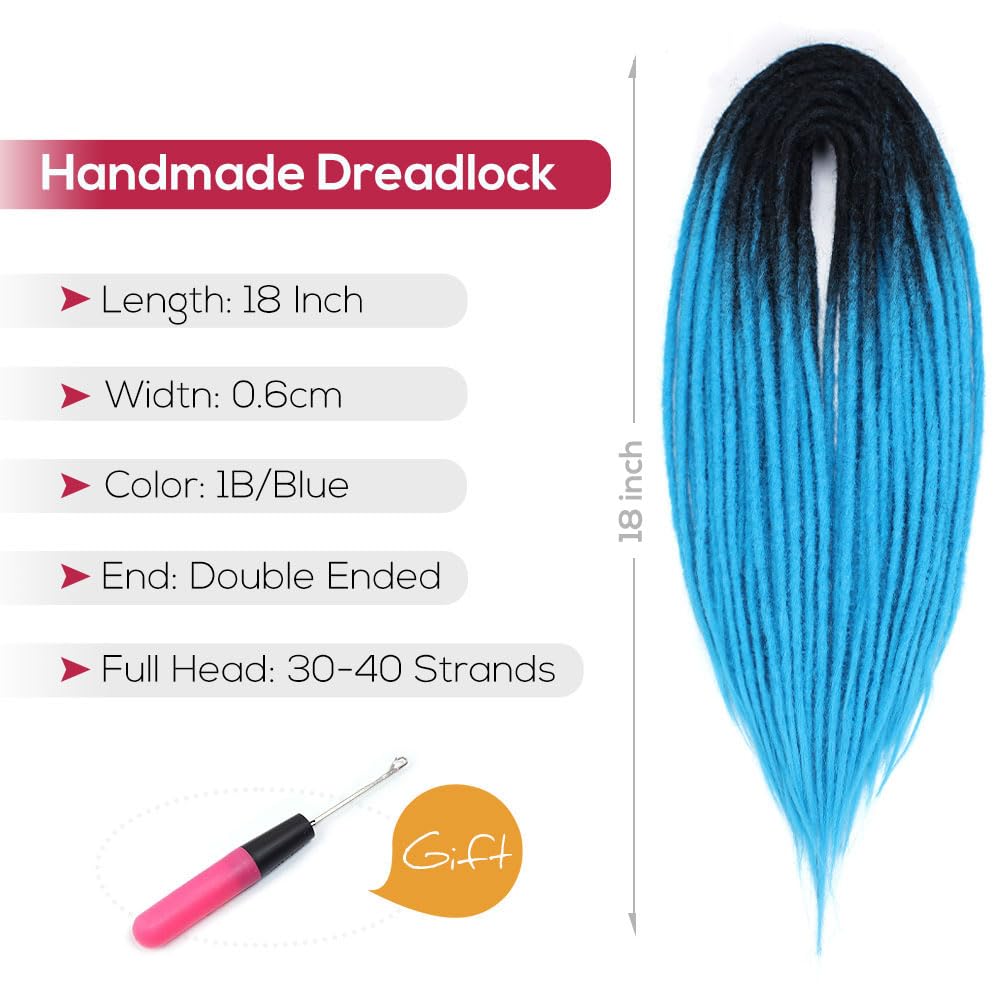 Kraler 18 Inch Blue Double Ended Dreadlock Extensions, 20 Strands Handmade Synthetic DE Dreads Extensions, Thin 0.6cm Width Regg