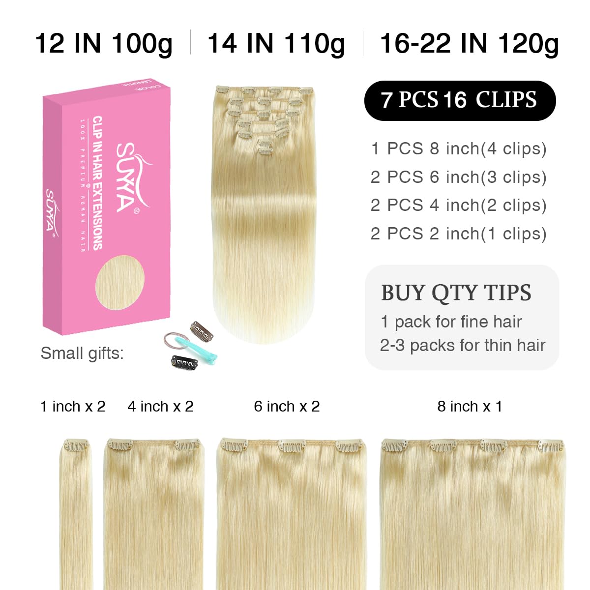 Suyya Clip In Hair Extensions Real Human Hair 14 Inch 110G 7Pcs Platinum Blonde Hair Extensions Real Human Hair Clip Ins Silky S