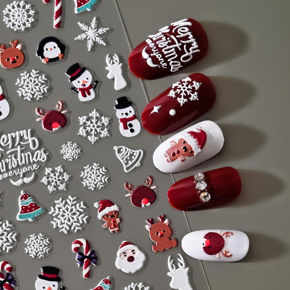 Christmas Nail Art Stickers 5D Embossed Snowman Snowflakes Nail Stickers Santa Claus Elk Winter Design Self-Adhesive Xmas Nail D