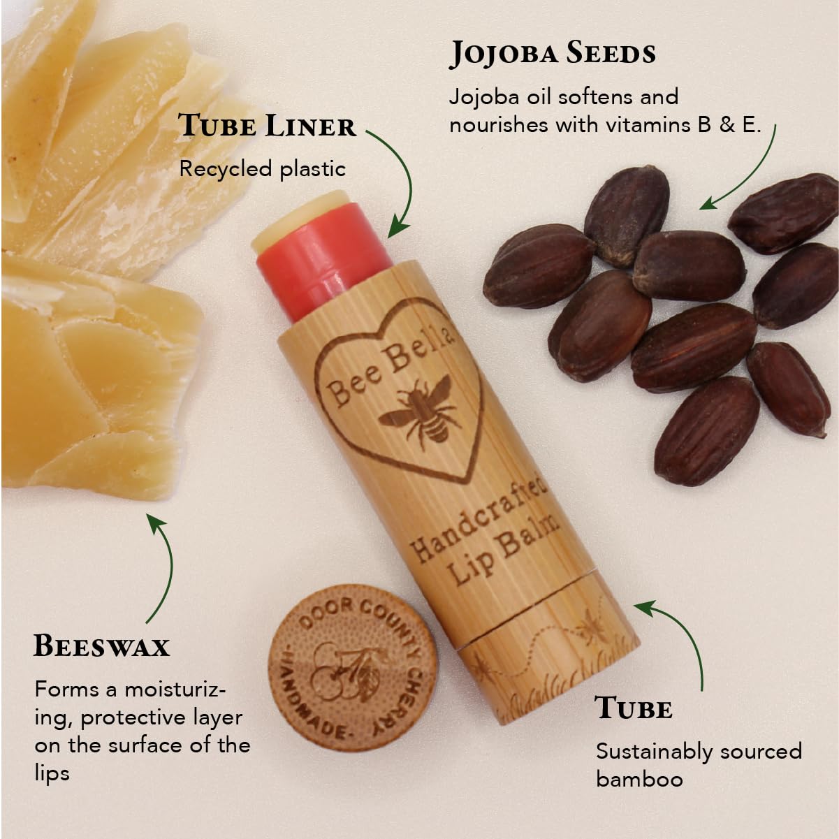 Bee Bella Lip Balm, Cherry, 3 Pack - Hydrating, Moisturizing Lip Care, 100% Natural, Original Organic Beeswax With Vitamin E, Ha