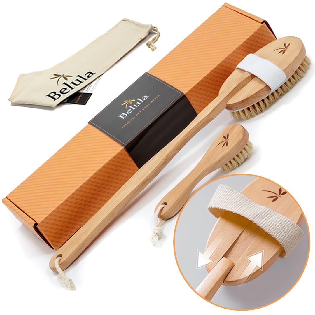 Premium Dry Brushing Body Brush Set By Belula- Natural Boar Bristle Body Brush, Exfoliating Face Brush & One Pair Bath & Shower