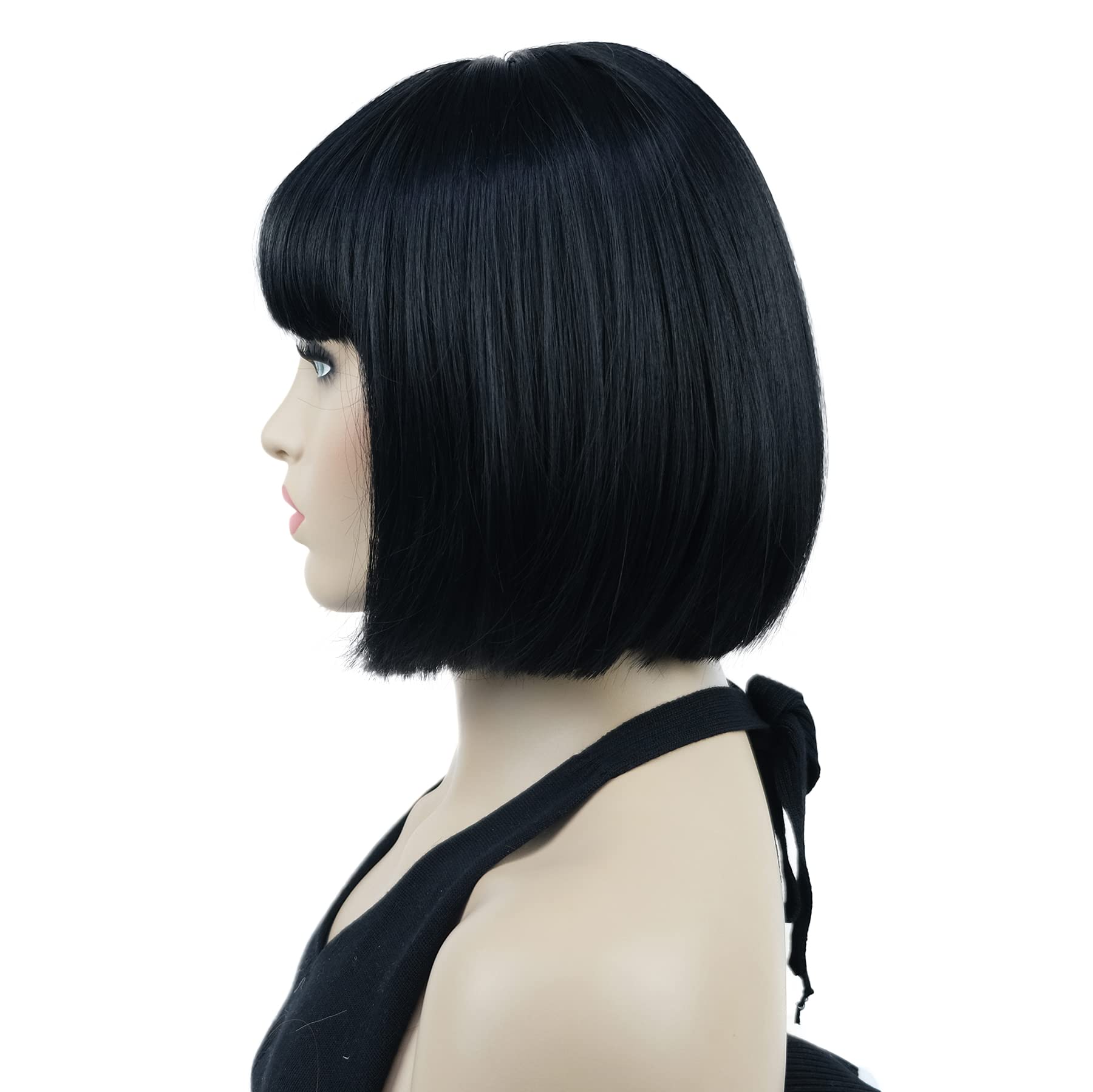 Lydell 8'' Straight Short Bob Hair Flat Bangs Cute Central Dot Skin Top Heat Resistant Synthetic Wigs (Black)
