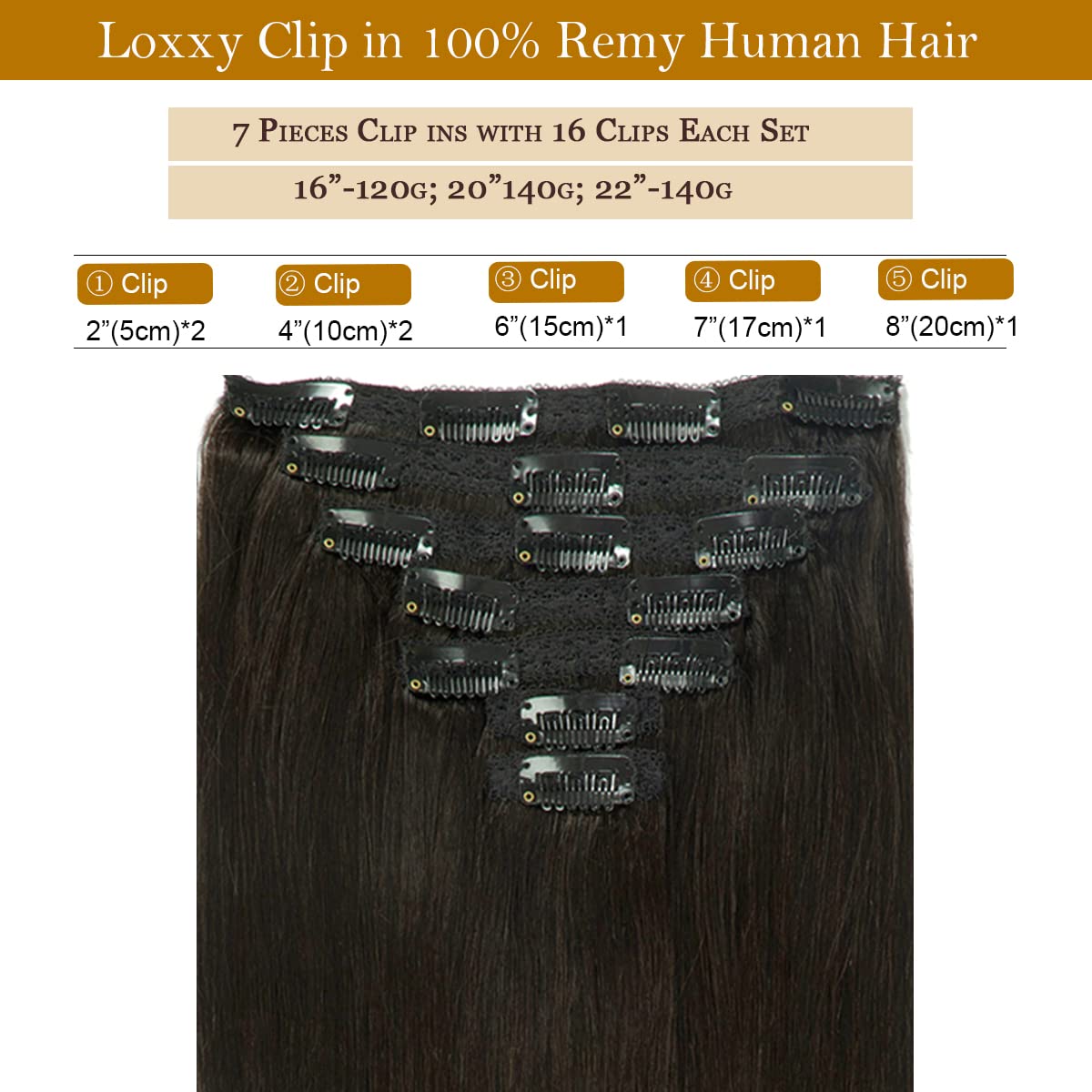 Loxxy Hair Extensions Clip In Human Hair Natural Black #1B Double Weft Brazilian Thick Silky Straight 14 Inch 120G