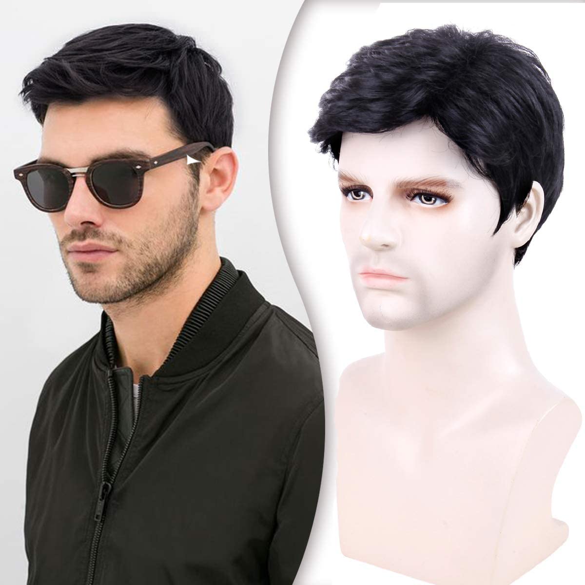 Creamily Mens Wig Short Hair, Mens Hair Replacement Wigs Mens's Black Wig for Men Hair Full Wig for Male Guy Christmas Daily Wea