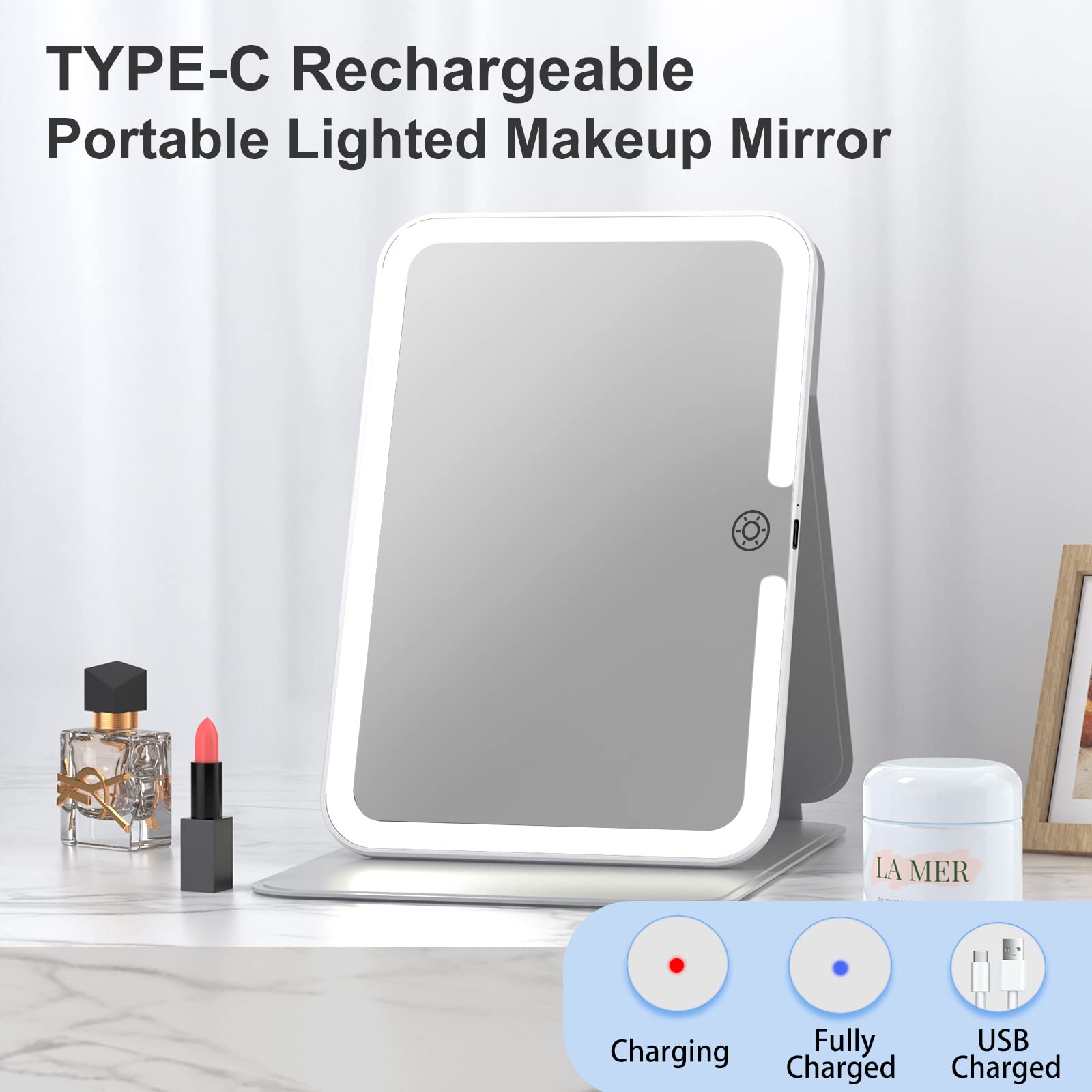 Rechargeable Travel Lighted Makeup Mirror with PU Leather Cover, Portable Travel Makeup Mirror with lights, 3 Color Lighting,Tou