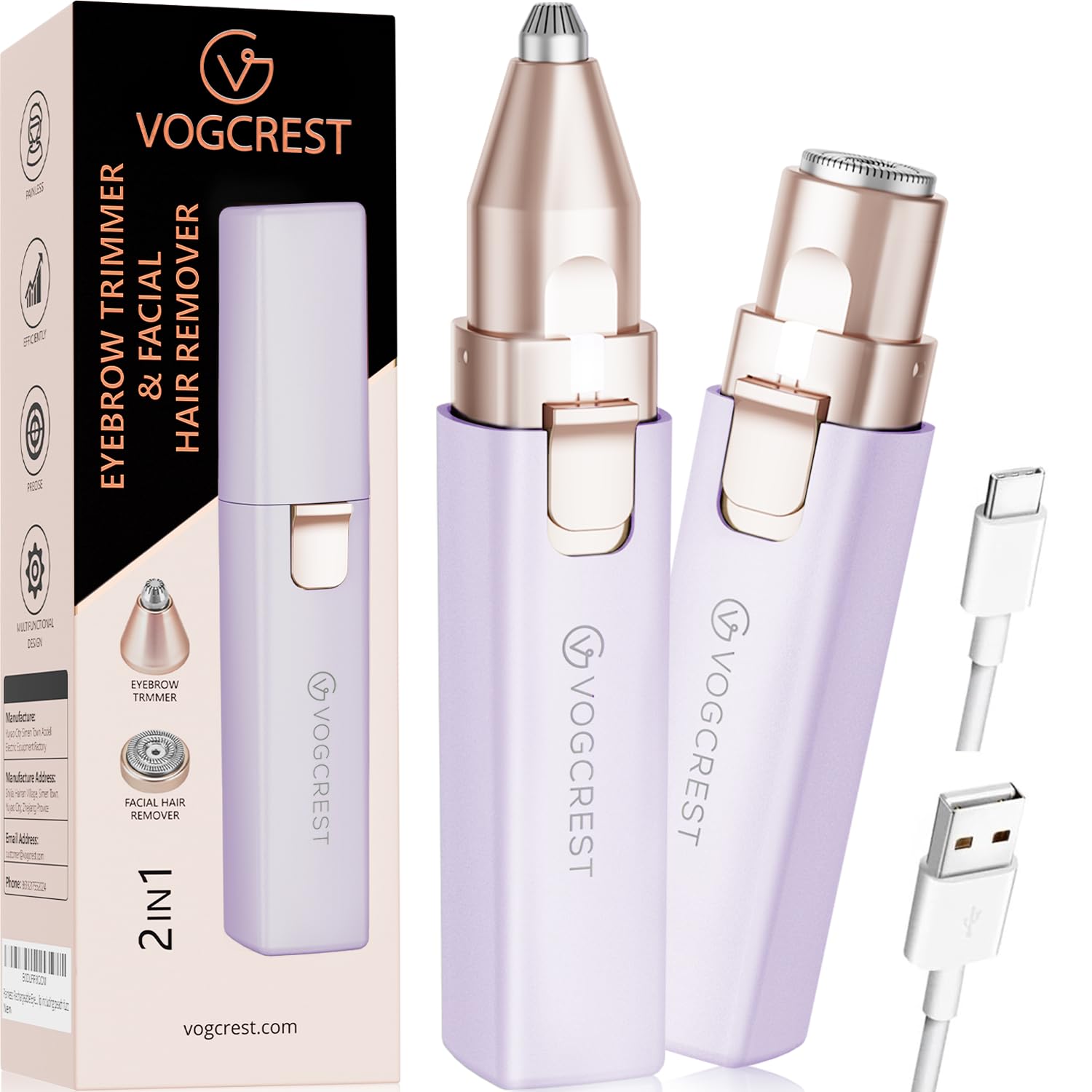 VG VOGCREST Eyebrow Hair Trimmer: Rechargeable Facial Hair Removal Device for Removing Unwanted Peach Fuzz from Lips Chin Neck A