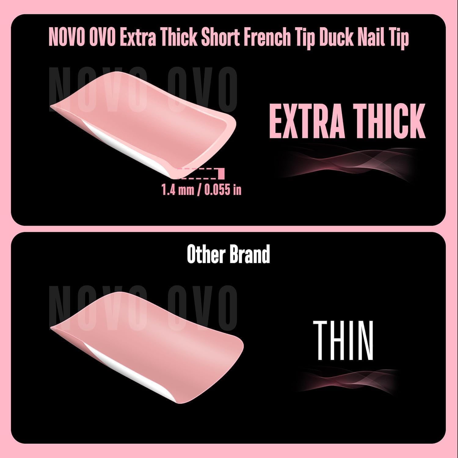 NOVO OVO White French Tip Short Duck Nail Tips Press on, BABY PINK Pre-designed Soft Gel Nail Extension, Extra thick Full Cover