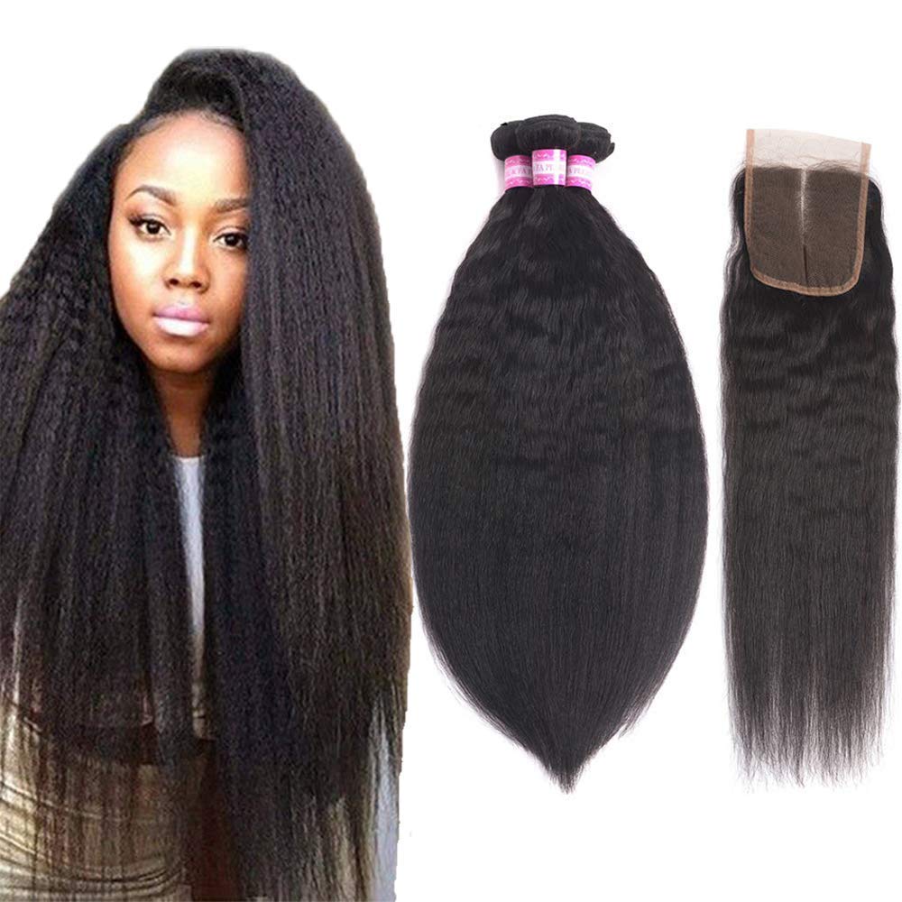 Odir Kinky Straight Bundles with Closure Brazilian Human Hair 12 14 16+10 Inch Unprocessed 9A Yaki Straight Hair 3 Bundles with 