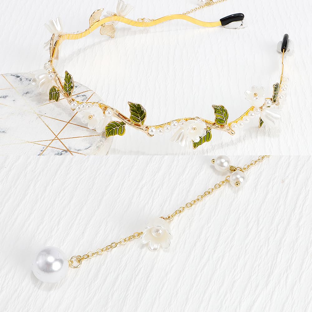 Ahoney Flower Headband For Women Girls Hair Vine Gold Leaf Boho Headband Wedding Fairy Accessories Headpiece Bridal Crown (Flora
