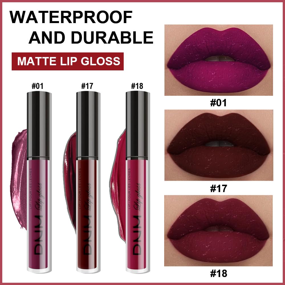 Amy'S Diary Dark Red Purple Matte Plum Liquid Lipstick 3Pcs Sets,24-Hour Lipstick Dark Deep Maroon Purple Brown Plum Red Lip Sta
