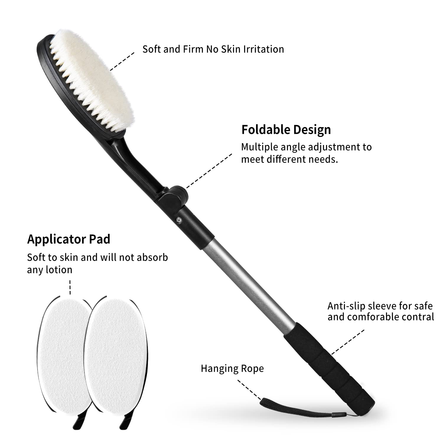 EASACE Long Handle Body Brush for Back, Adjustable Soft Bristles, 51.5cm, Silver, Model BL-002S