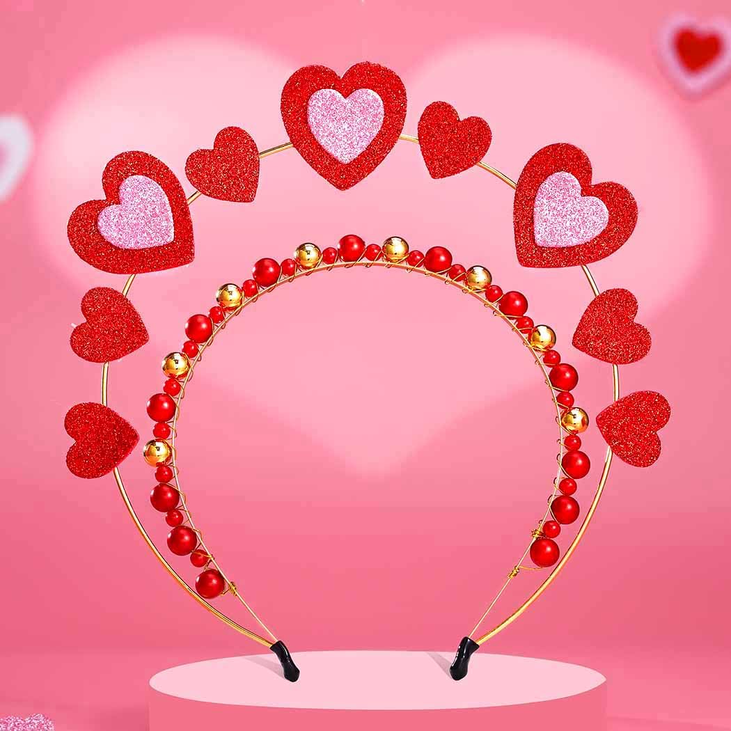 Yalice Sequins Heart Headband Crown Valentine's Day Headbands for Women Red Beaded Hair Band Bling Love Headpieces Hearts Shaped