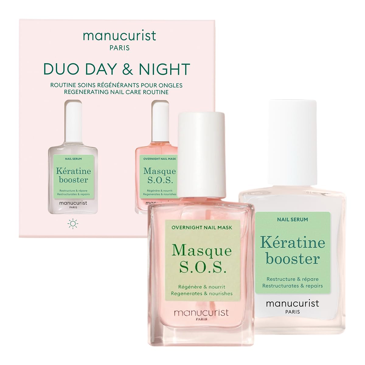 Manucurist Duo Day & Night - Routine for Soft or Damaged Nails - Nail Kit : 1 Nail Strengthener and Growth Serum, 1 Nail Night M