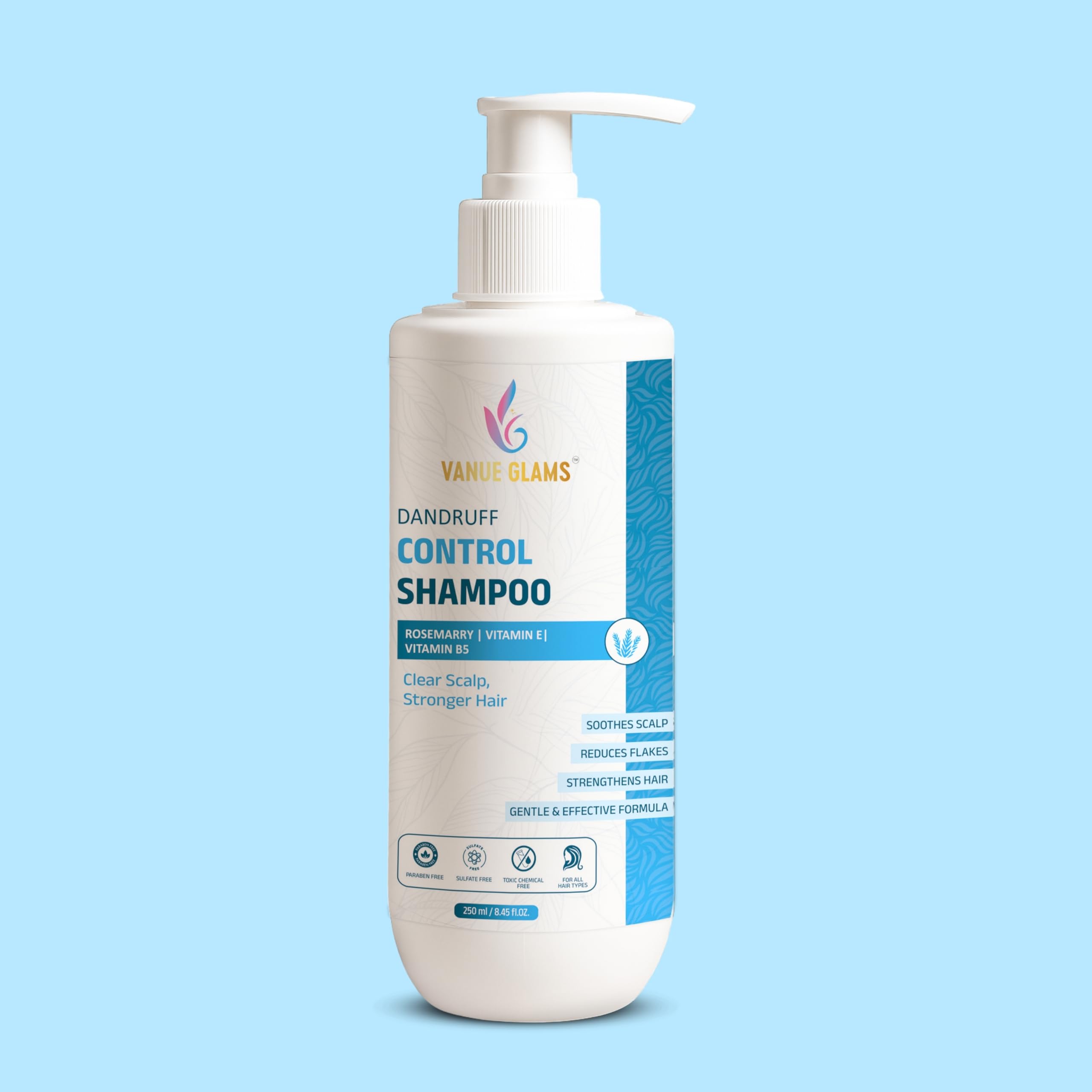 Vanue Glams Dandruff Control Shampoo Rosemary, Vitamin E, And Pro Vitamin B5 Soothes Scalp, Reduces Flakes, Strengthens Hair  2