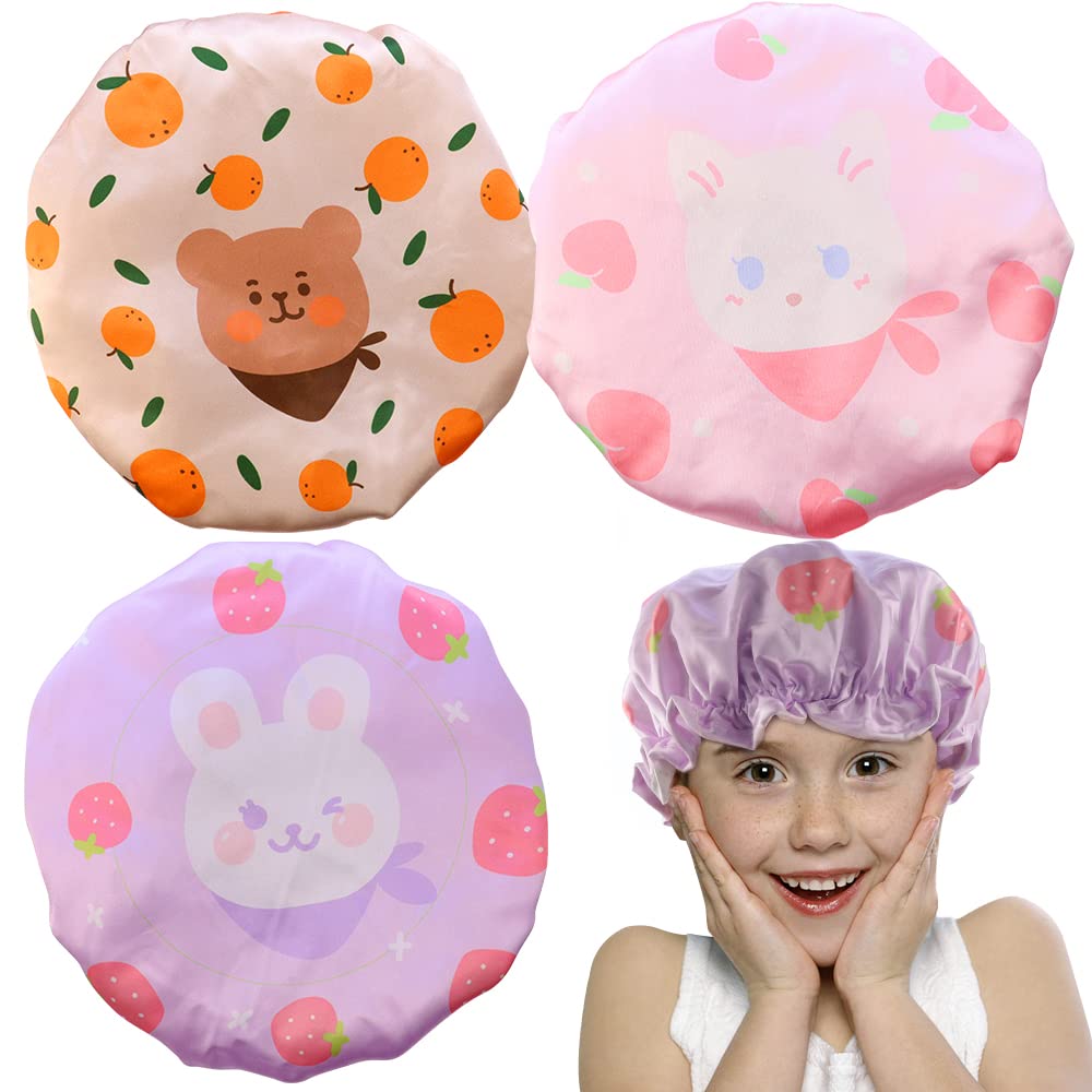 Tcotbe 3 Pcs Kids Shower Caps Rabbits Prints Double Layers Children Shower Caps Peva Bath Hats For Kids Reusable Cartoon Animal
