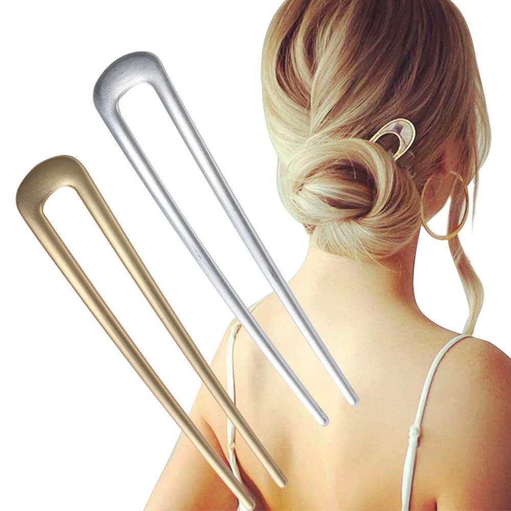 FRDTLUTHW Large French Hair Pins Metal U-Shaped Hair Sticks (B.Gold&Silver1)