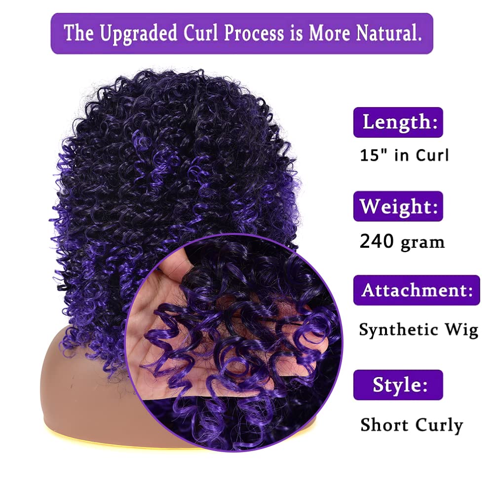 YEAME Curly Wigs for Black Women - Curly Afro Wig with Bangs Purple Mixed Blue Synthetic Hair Afro Curly Wigs with 1 Wig Comb an