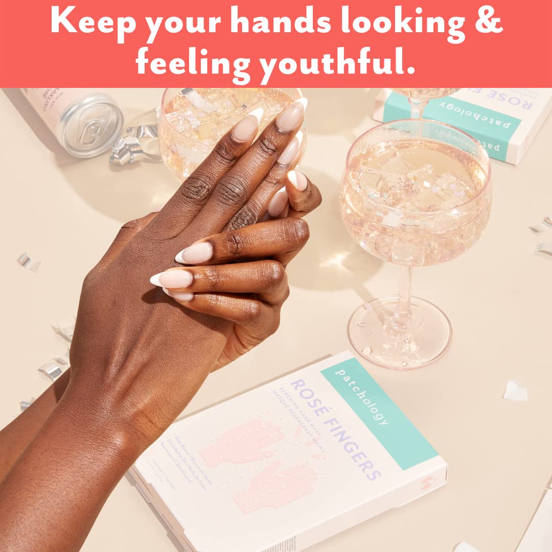 Patchology Rose Fingers Renewing Hand Mask - Strawberry Scented Moisturizing Gloves, Hand Masks For Dry & Cracked Hands, Shea Bu