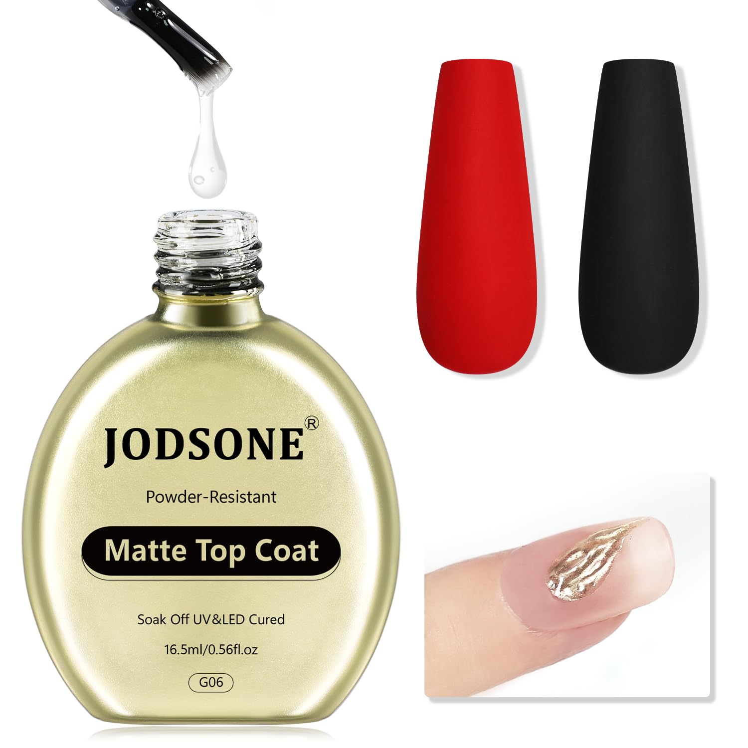 JODSONE Matte Gel Top Coat - 16.5ml Powder-Resistant No Wipe Gel Top Coat for Chrome Powder Nail Art, Smooth Matte Finish, U V C