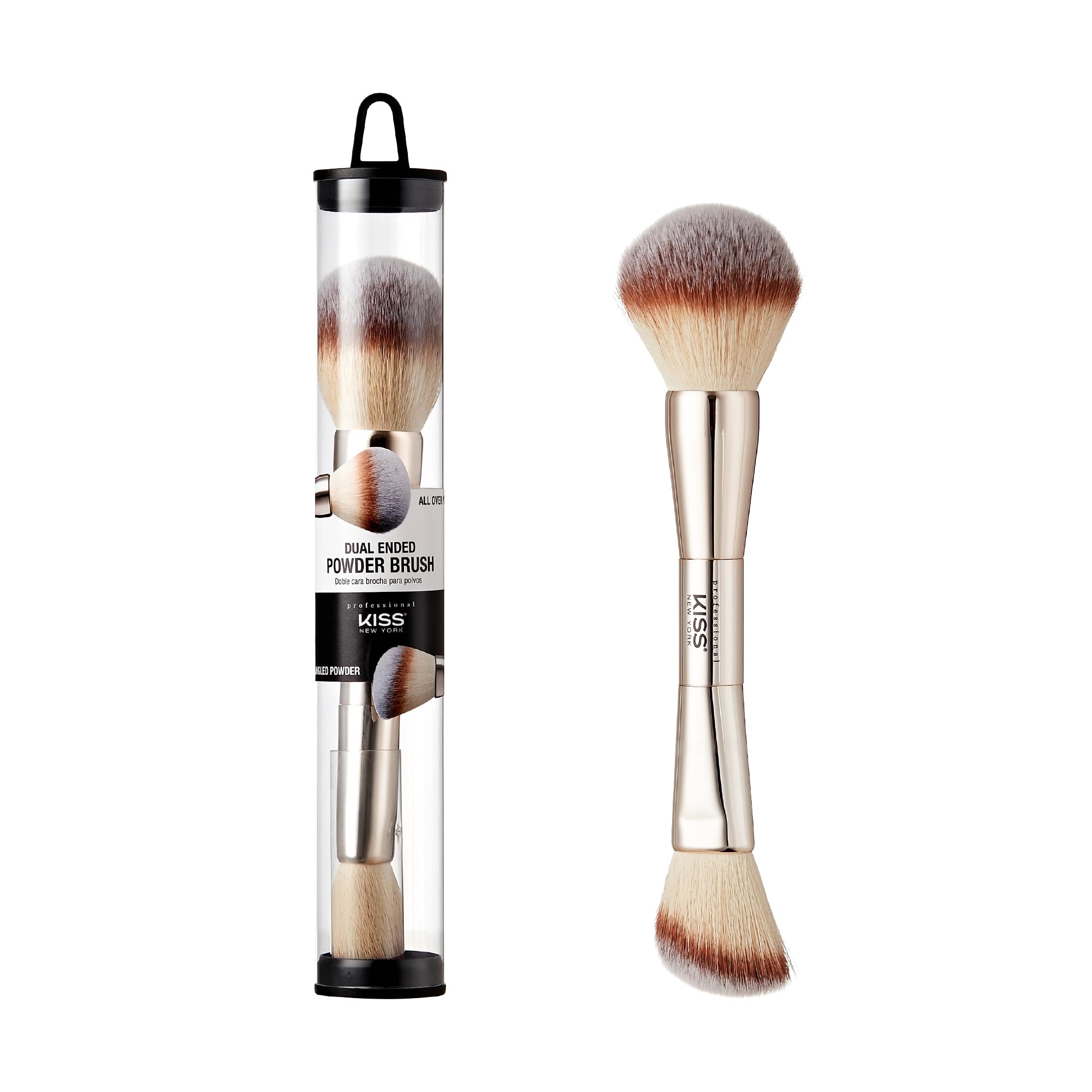 Kiss New York Professional Dual Ended Powder Brush, All Over Face Application, Easy Sculped Look With Angled Powder Brush For Bl