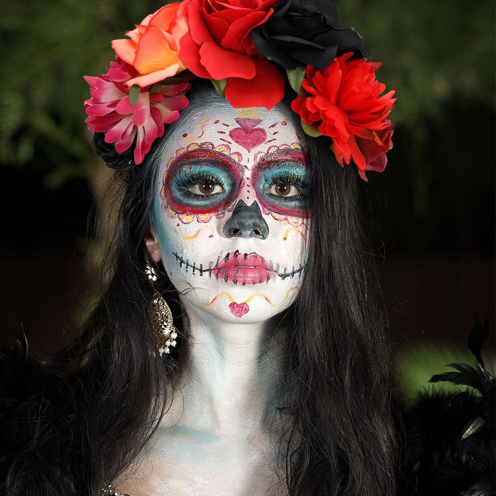 Atoden Flower Crown Day Of The Dead Rose Headbands Floral Crown Mexican Headpiece For Women Girls Black Red