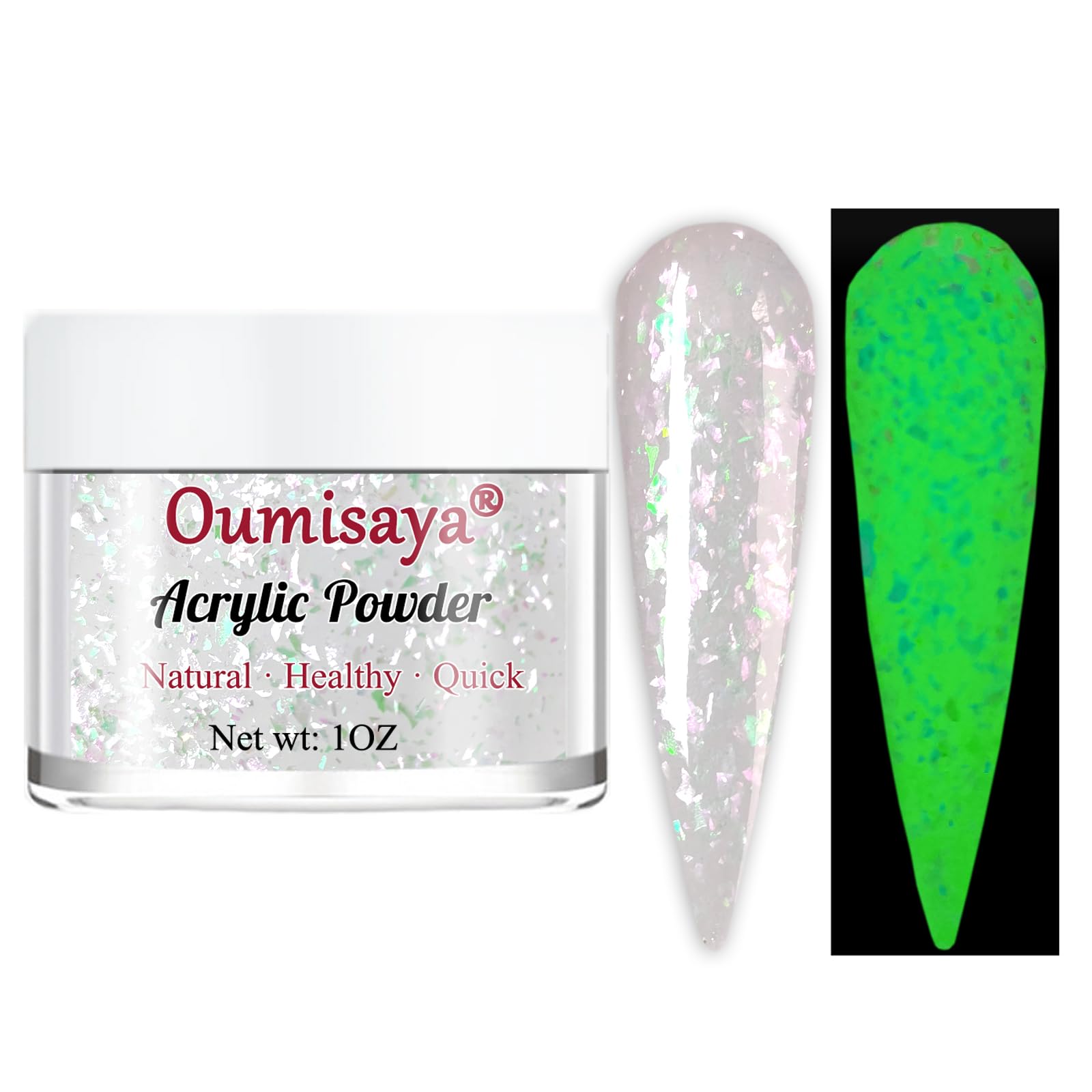 Glow in the dark Clear Glitter Acrylic Nail Powder Colors 1OZ with sparkle opal flakies AP017