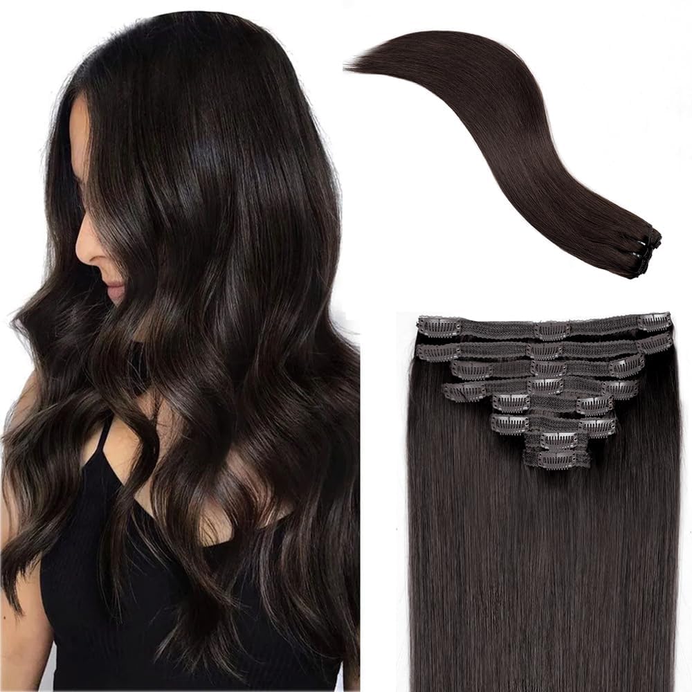 Pobokix Straight Clip In Hair Extensions Real Human Hair 8Pcs Clip In Dark Brown Human Hair Extensions with 18Clips Lace Weft 12