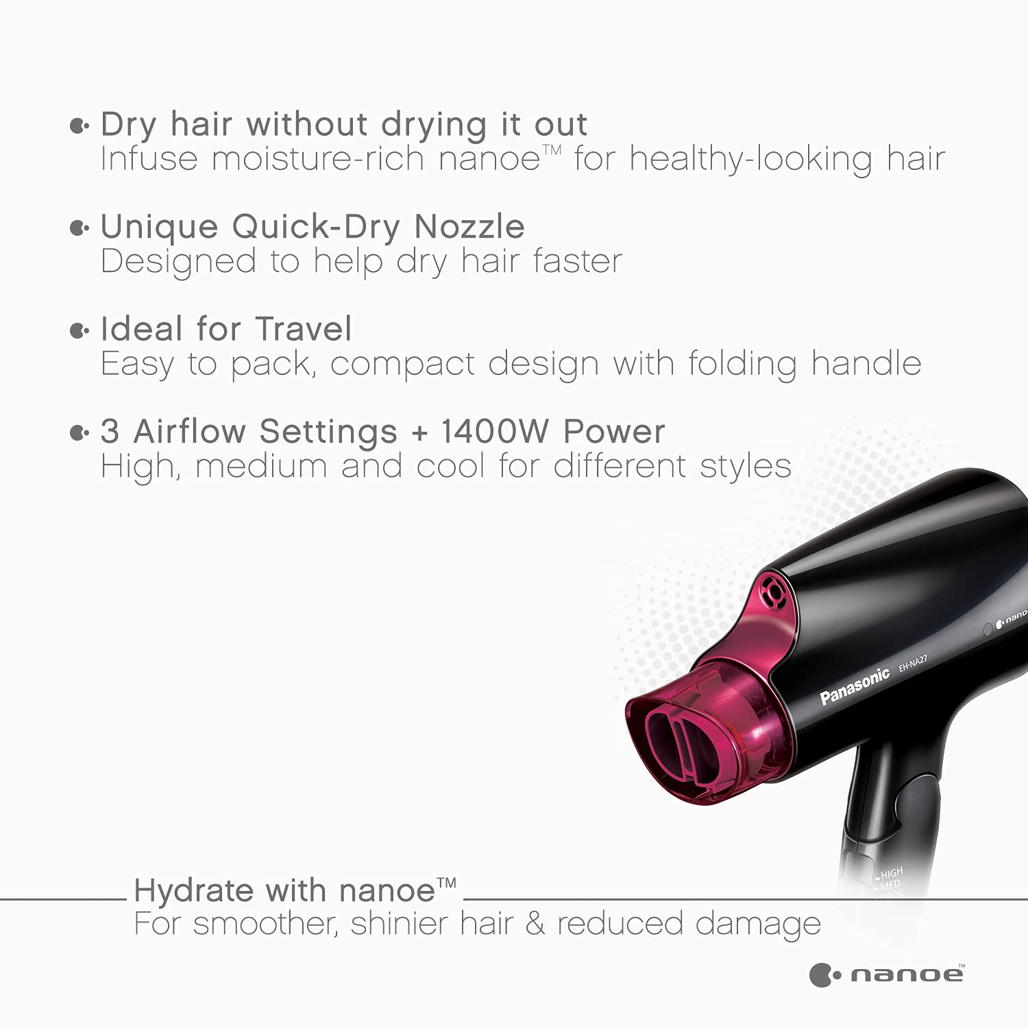 Panasonic Nanoe Compact Hair Dryer For Healthy-Looking Hair, 1400W Portable Hair Dryer With Folding Handling And Quickdry Nozzle