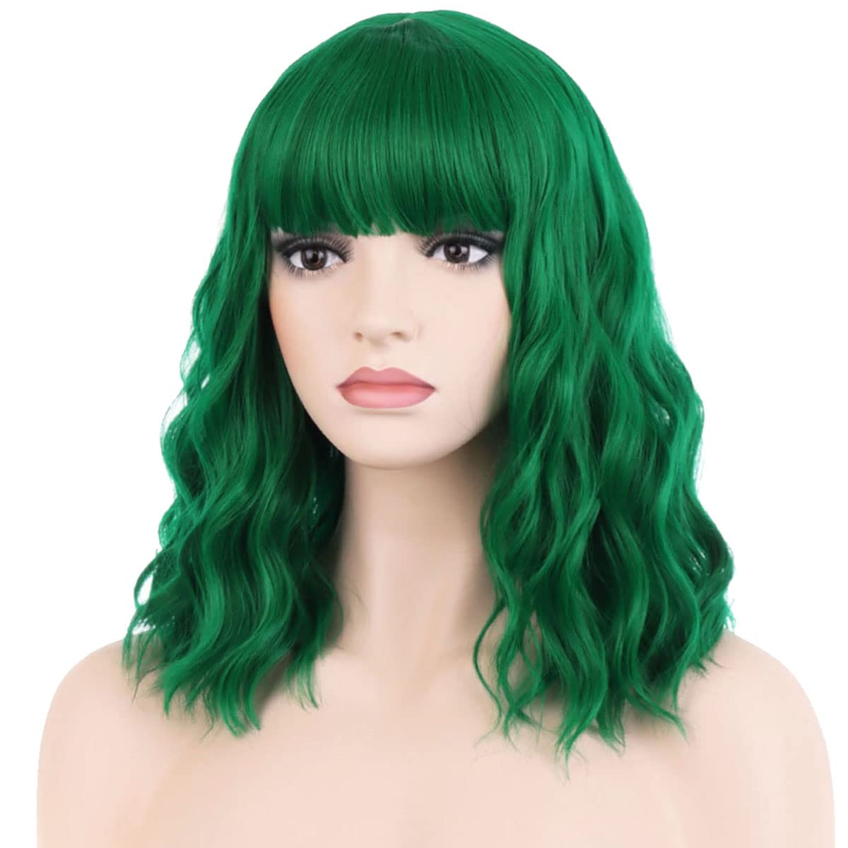 PATTNIUM 14 Inches Green Wig Short Wavy Wig Dark Green Wig with Bangs Women Girls Heat Resistant Synthetic Cosplay Costume Wig (