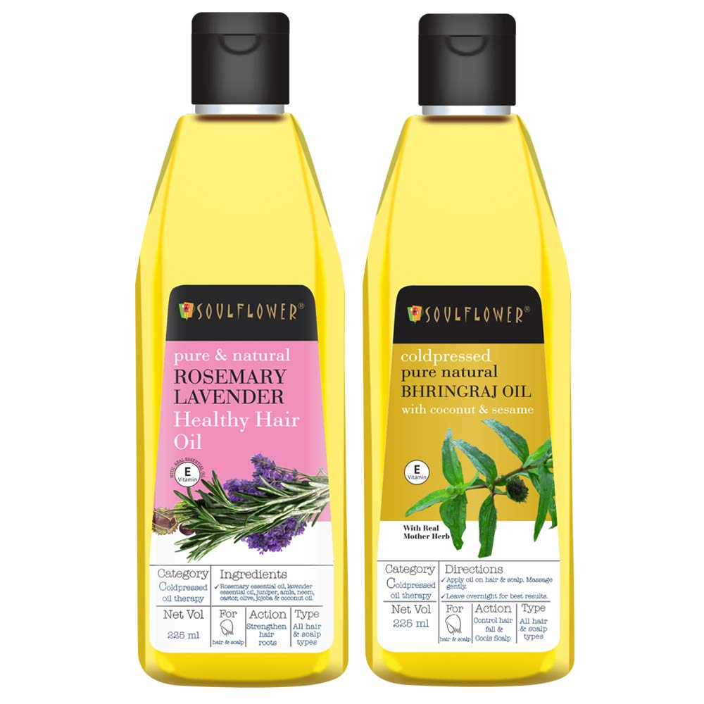 Soulflower Rosemary Lavender And Bhringraj Hair Oil, 225Ml Each | Hair Growth, Strengthening & Nourishing Hair Roots | Pure, Nat