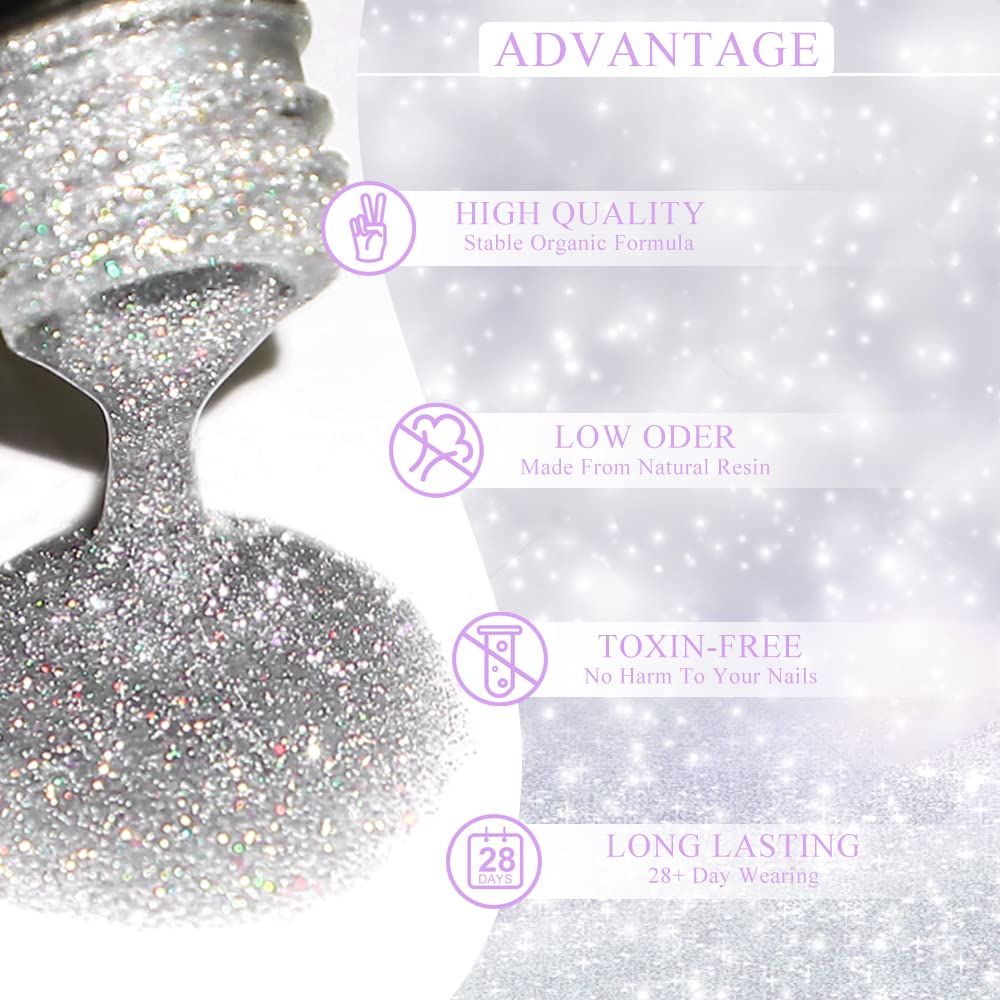 Mizhse 6 Glitter Gel Nail Polish, 6 Holographic Gel Nail Polish, Sparkle Shiny Glitter Gel Polish Glossy Nail Lacquer Rainbow Ir
