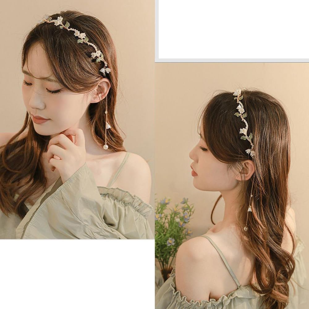 Ahoney Flower Headband For Women Girls Hair Vine Gold Leaf Boho Headband Wedding Fairy Accessories Headpiece Bridal Crown (Flora
