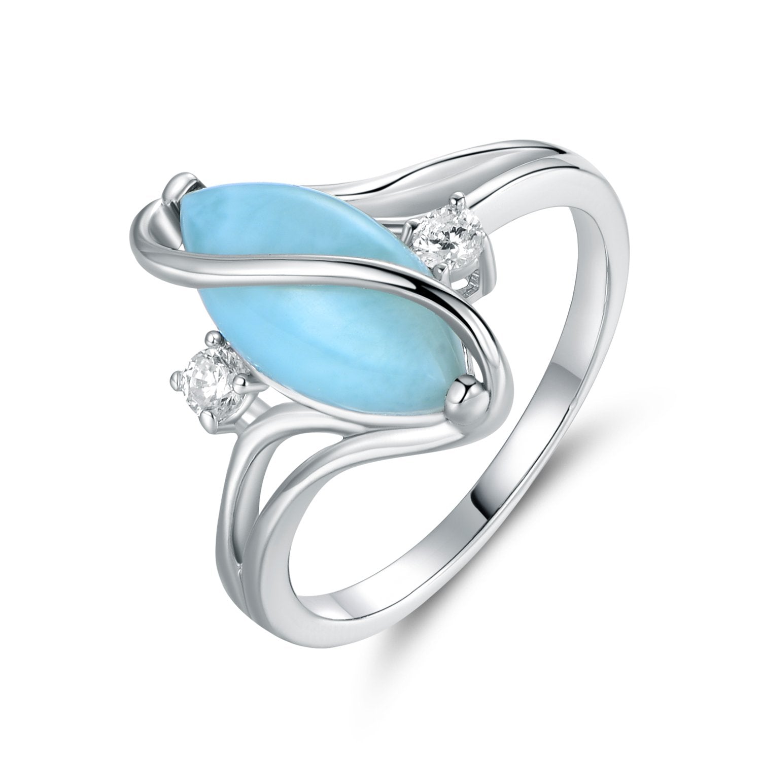 Barzel 18K White Gold Plated Oval Created Larimar Ring With Cubic Zirconia Accents (White Gold Larimar, 6)