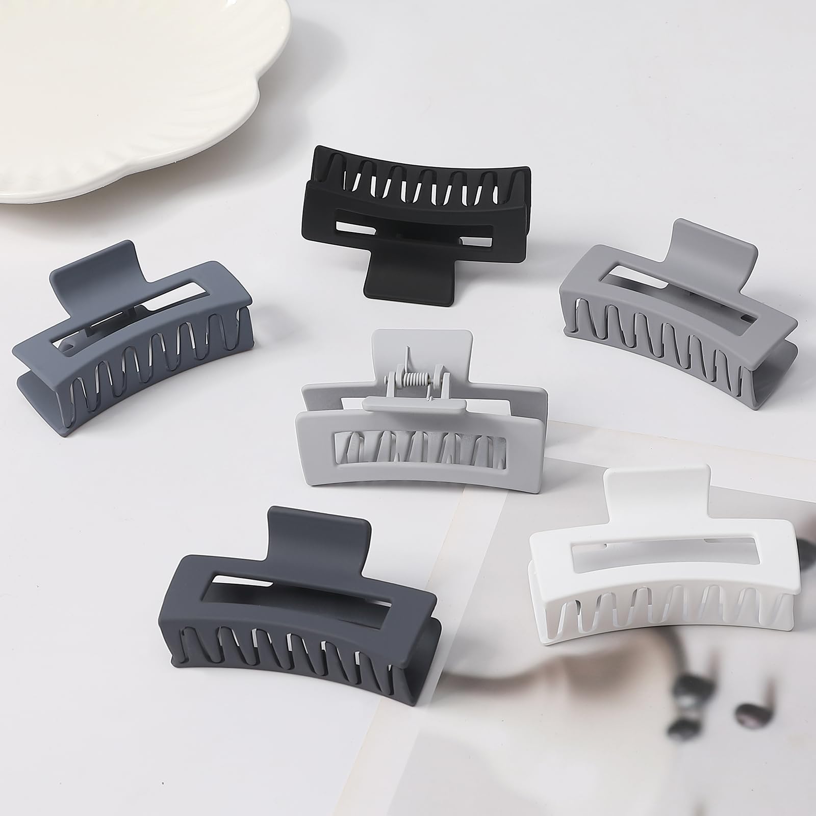 Sisiaipu 3.5 Inch Medium Hair Claw Clips 6 Pack Grey Blue Hair Clips for Women Square Claw Clips Rectangle Clips for Hair Banana