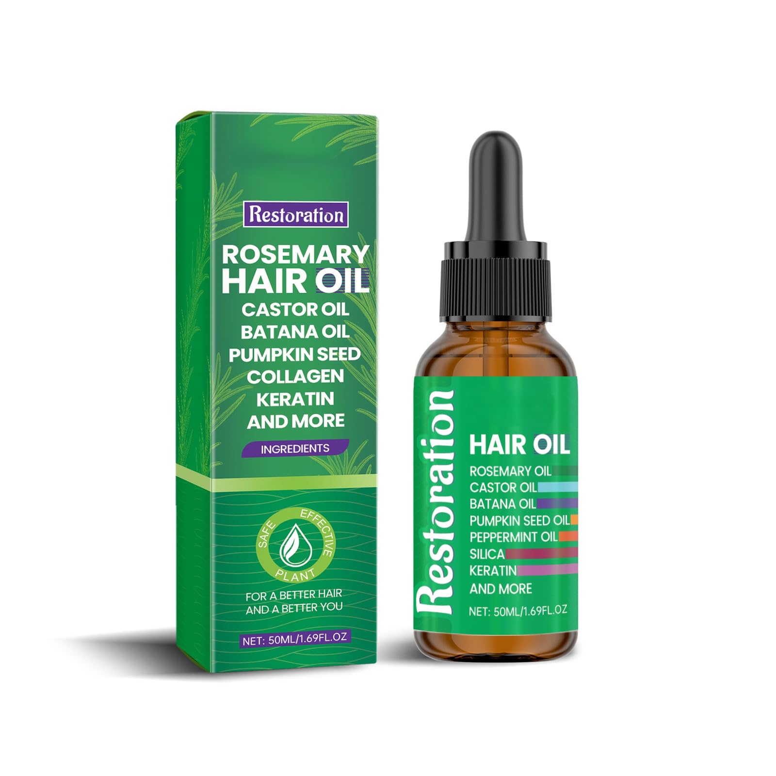 Restoration Rosemary Hair Oil with Keratin & Castor Oil, Nourishing Hair & Scalp Treatment for Soft, Smooth & Shiny Hair, 50ml