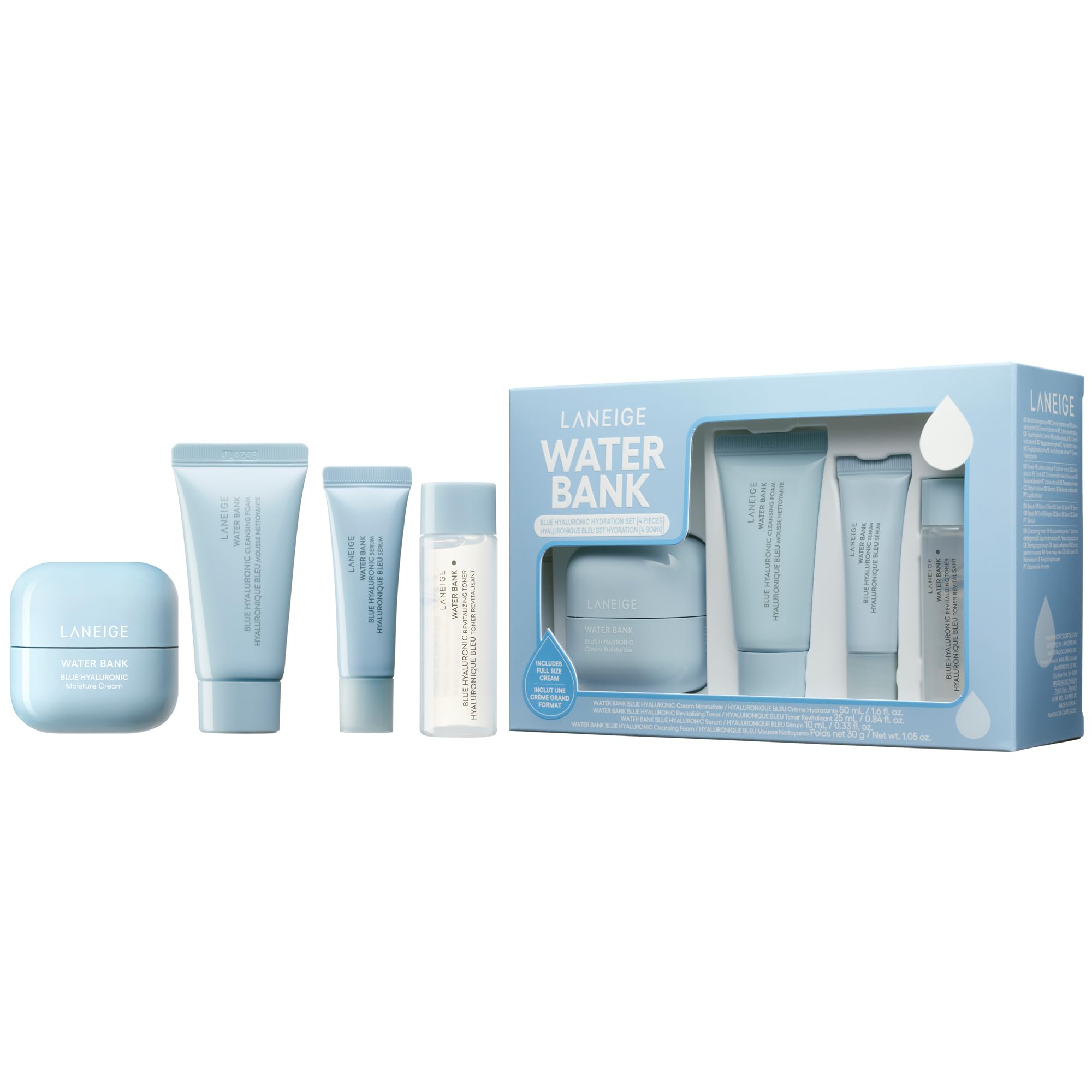Laneige Water Bank Blue Hyaluronic Hydration Set: Hydrate, Nourish, Full Sized Cream Moisturizer, Travel Sized Eye Cream, Toner,