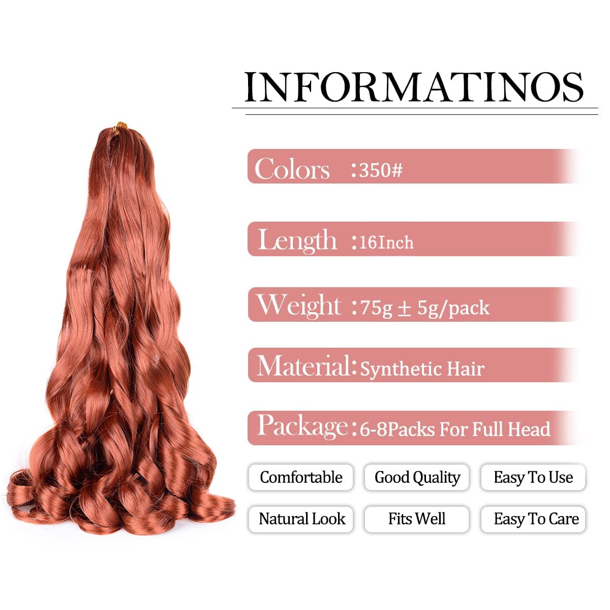 French Curl Braiding Hair,8Pack Loose Wavy Pre Stretched Synthetic 350# Spiral Curly Crochet Braiding Hair 16Inch 75G/Pack Frenc