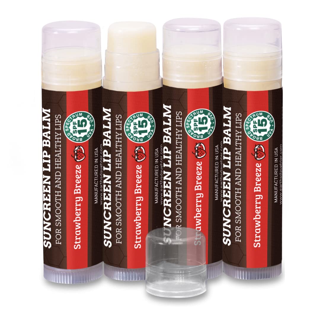 Spf Lip Balm 4-Pack By Earth'S Daughter - Lip Sunscreen, Spf 15, Organic Ingredients, Strawberry Flavor, Beeswax, Coconut Oil, V