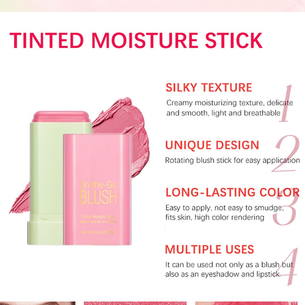 Mysense Pink Cream Blush Stick, On-The-Go Blush, Multi-Use Makeup Blush Stick For Cheeks Lips Eyes, Solid Moisturizer Stick Blus