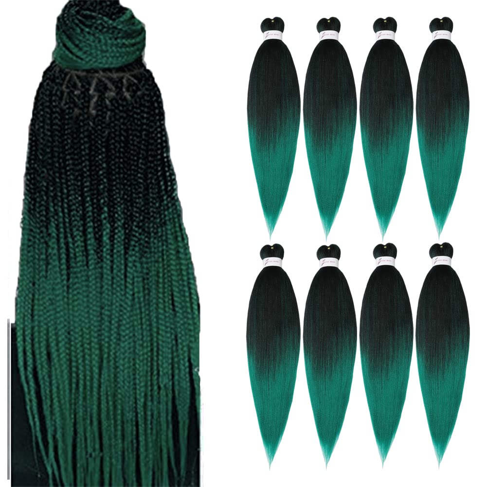 Pre-Stretched Braiding Hair Extensions Ombre Black To Green - 20 Inch 8 Packs Synthetic Crochet Braids, Hot Water Setting Profes