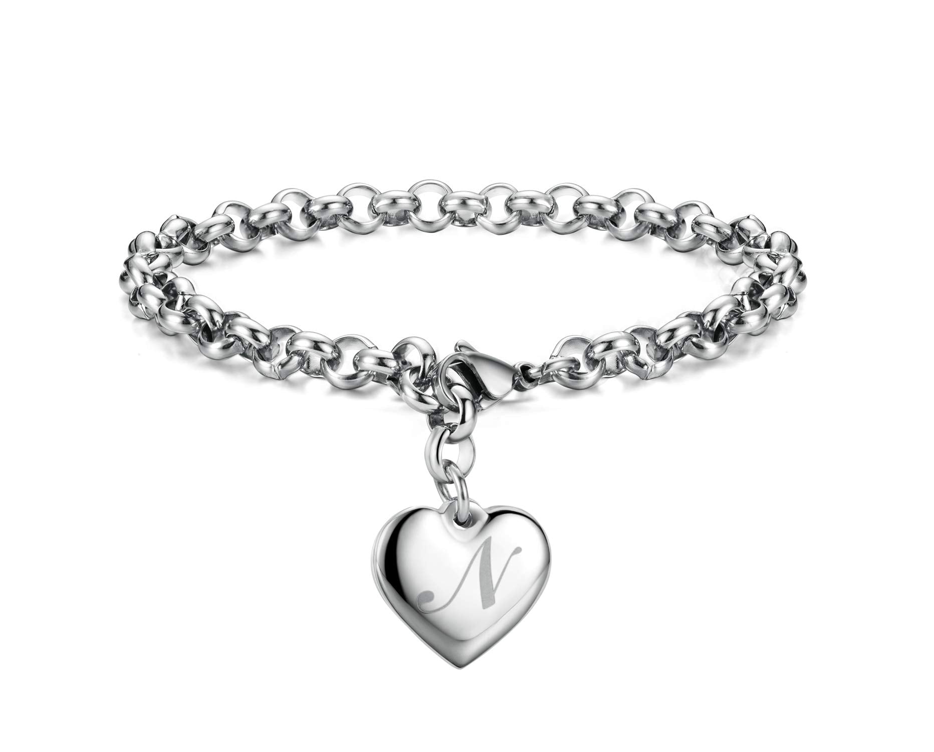 Monily Initial Charm Bracelets for Women Stainless Steel Charm Bracelets for Women Letters N Alphabet Heart Bracelet Jewelry Gif