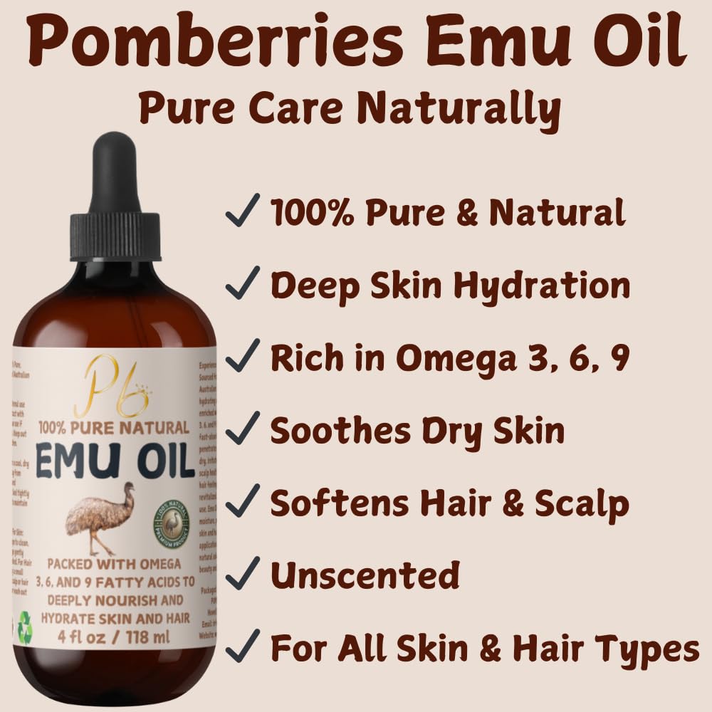 Emu Oil, 100% Pure Australian Emu Oil - Refined Natural Oil for Hair Growth, Natural Skin Moisturizer, Hydrating Face & Body Oil