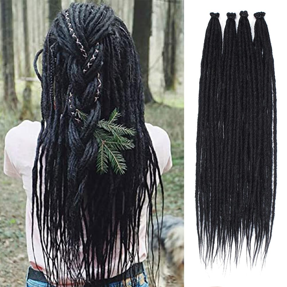 Kraler Dreadlock Extensions, 22 '' Black Synthetic Crochet Dreads Extensions 100% Handmade Single Ended Dreads Thin 0.6cm Width